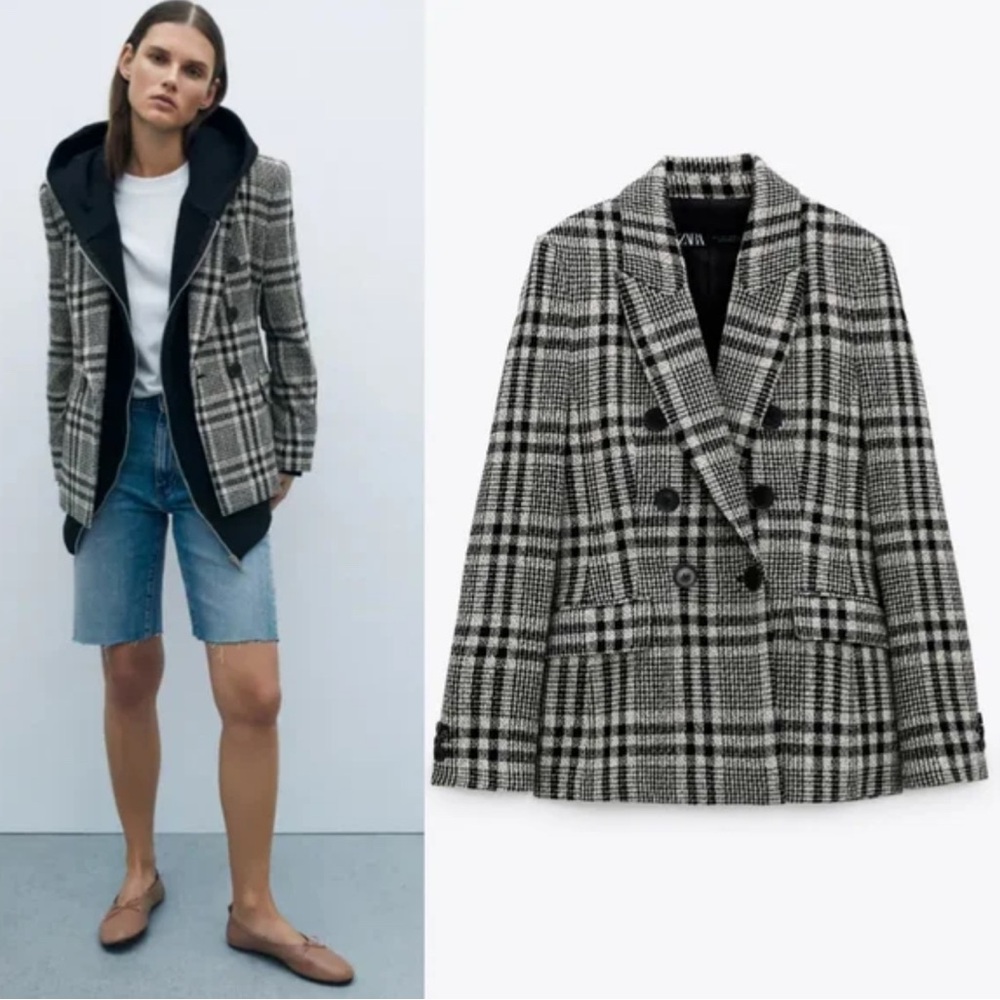 NWOT ZARA Plaid Double Breasted Textured Blazer size XS - Picture 2 of 9